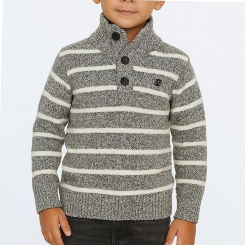 IZOD Boys‎ Black White Striped Sweater Size 8 Quarter Button Preppy Knit